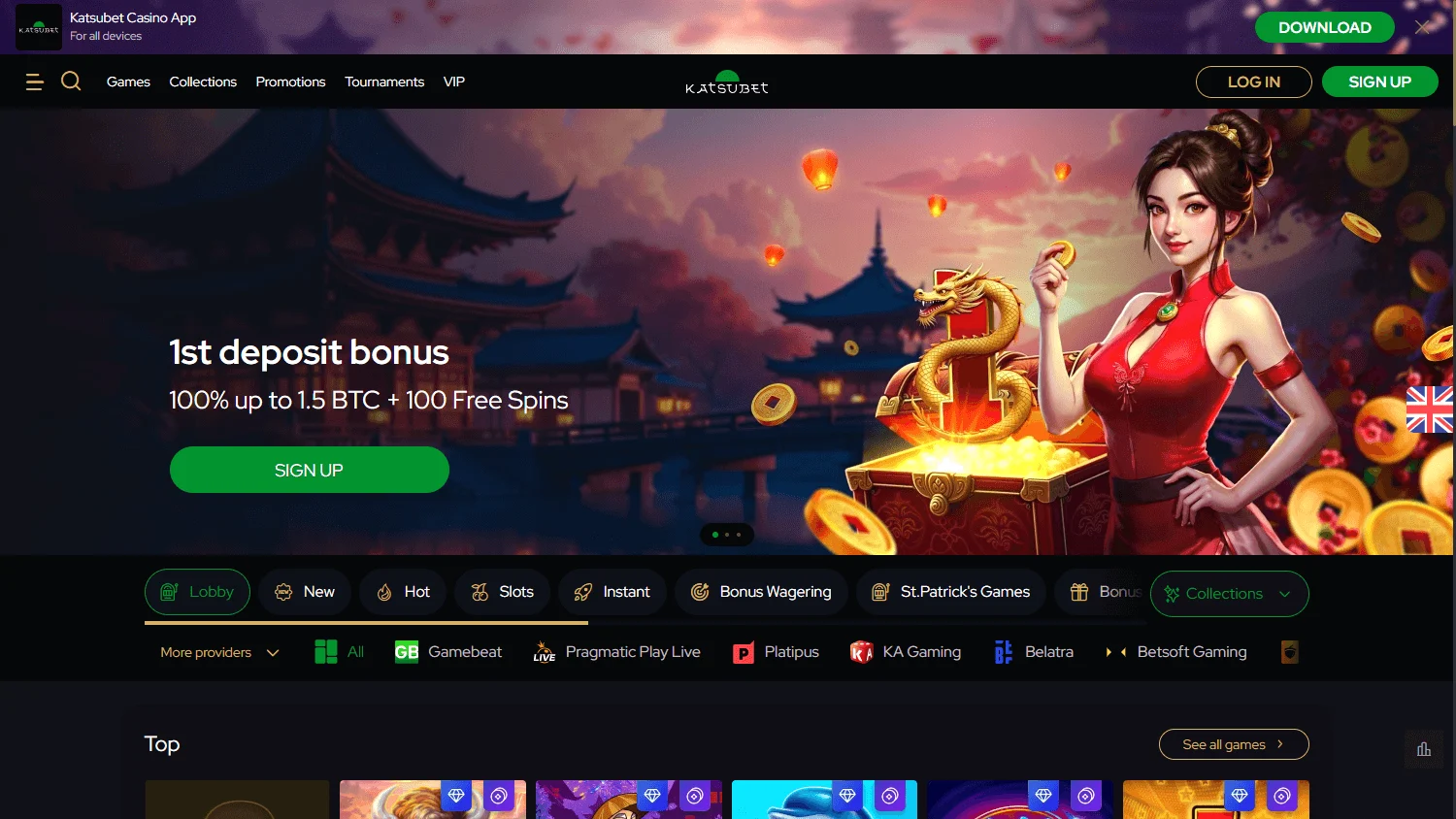 Katsubet Casino desktop home interface